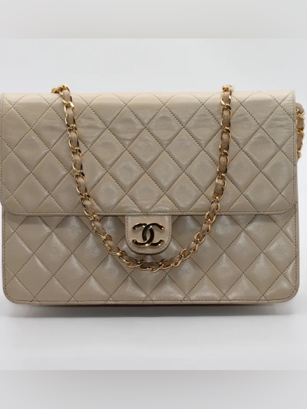Chanel Vintage Beige Quilted Lambskin Single Flap Bag Gold Hardware Quilted Lamb